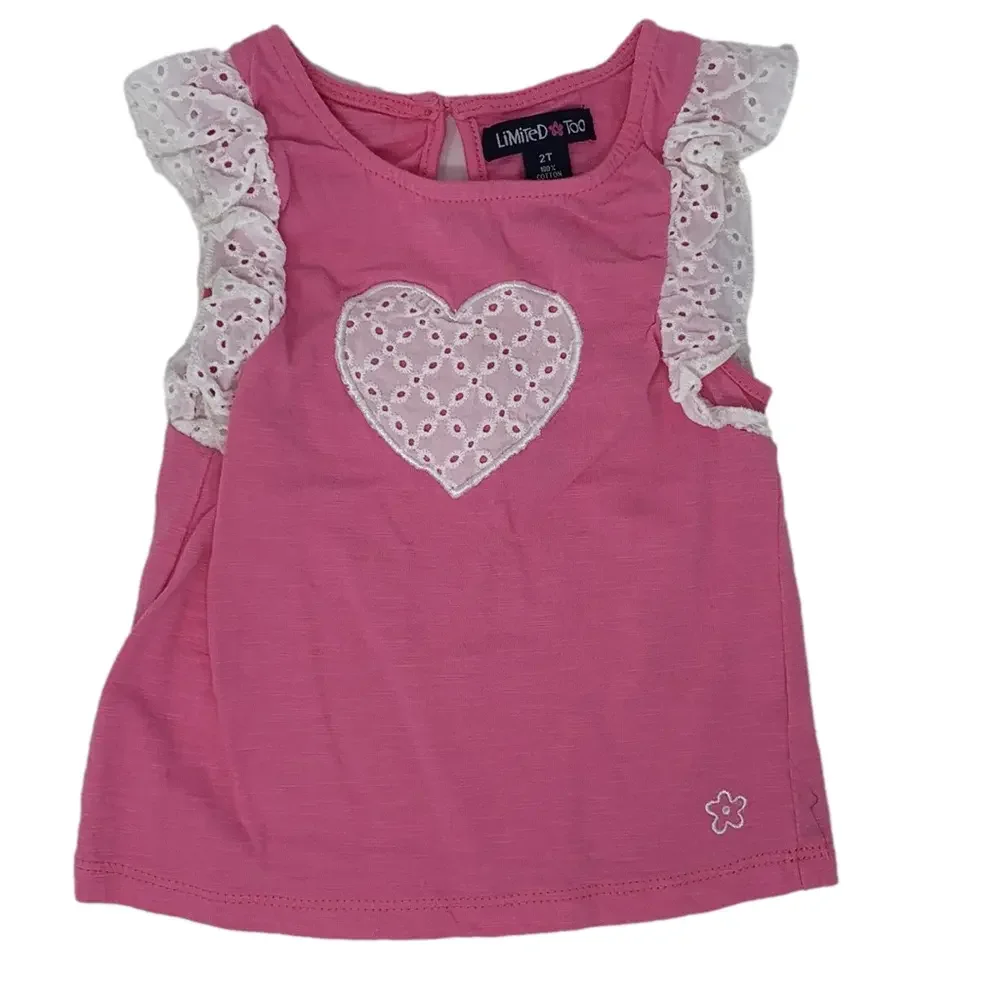 Girls 2T Pink Heart Flutter Sleeve Top & Denim Shorts Outfit Set
